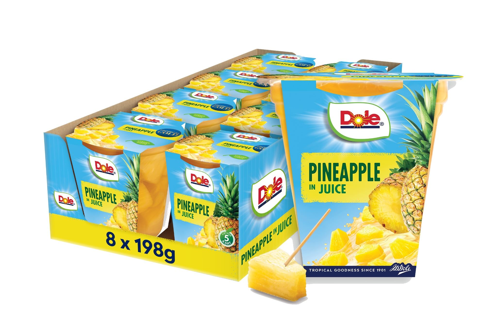 DOLE Pineapple in Juice Pots 8x198g Fruit Pieces in Fruit juice