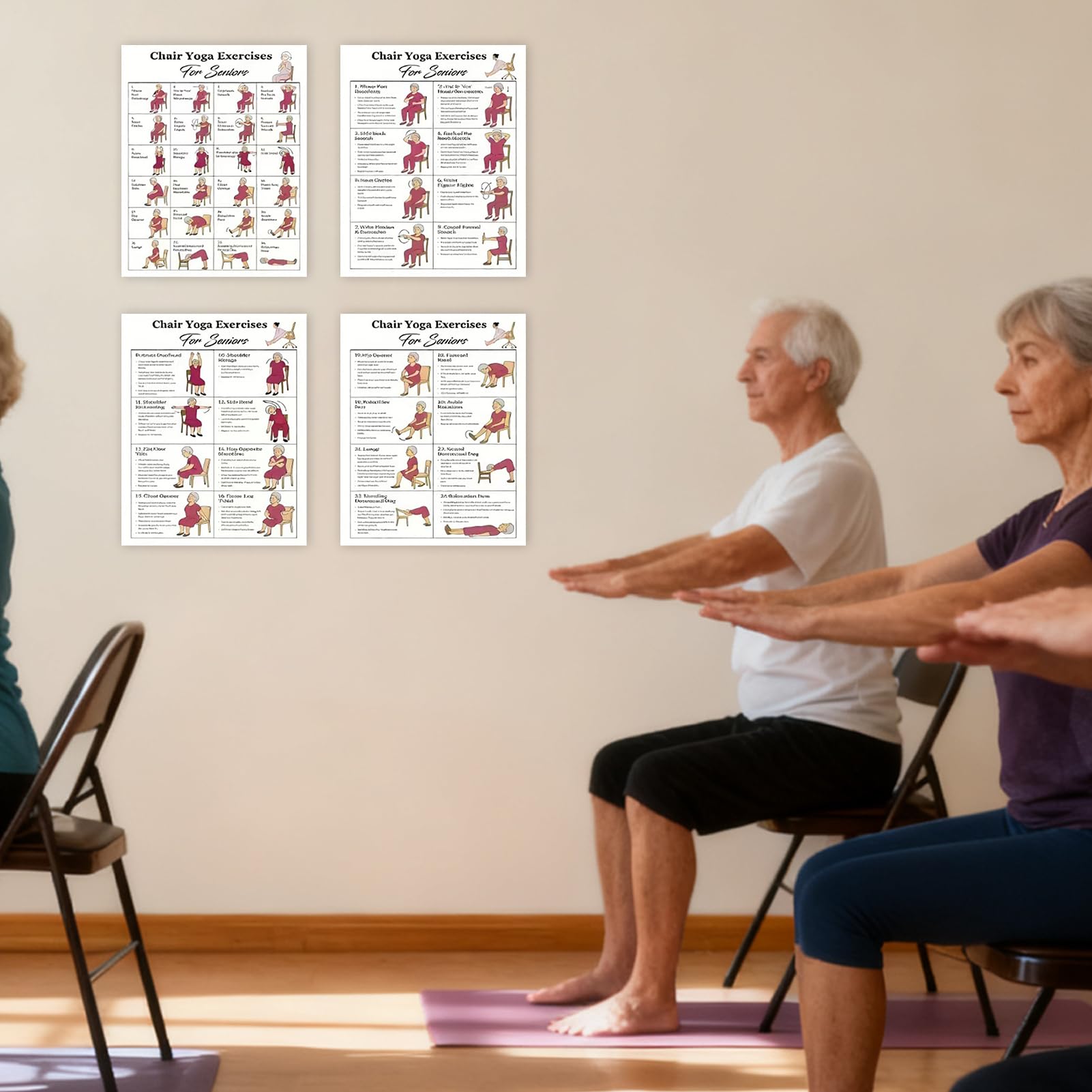 Poster de yoga sur chaise, routines organisées, 5 défis de 30 jours, tableaux d'exercices laminés doux assis, affiche d'entraînement de yoga, affichage polyvalent, pour personnes âgées et