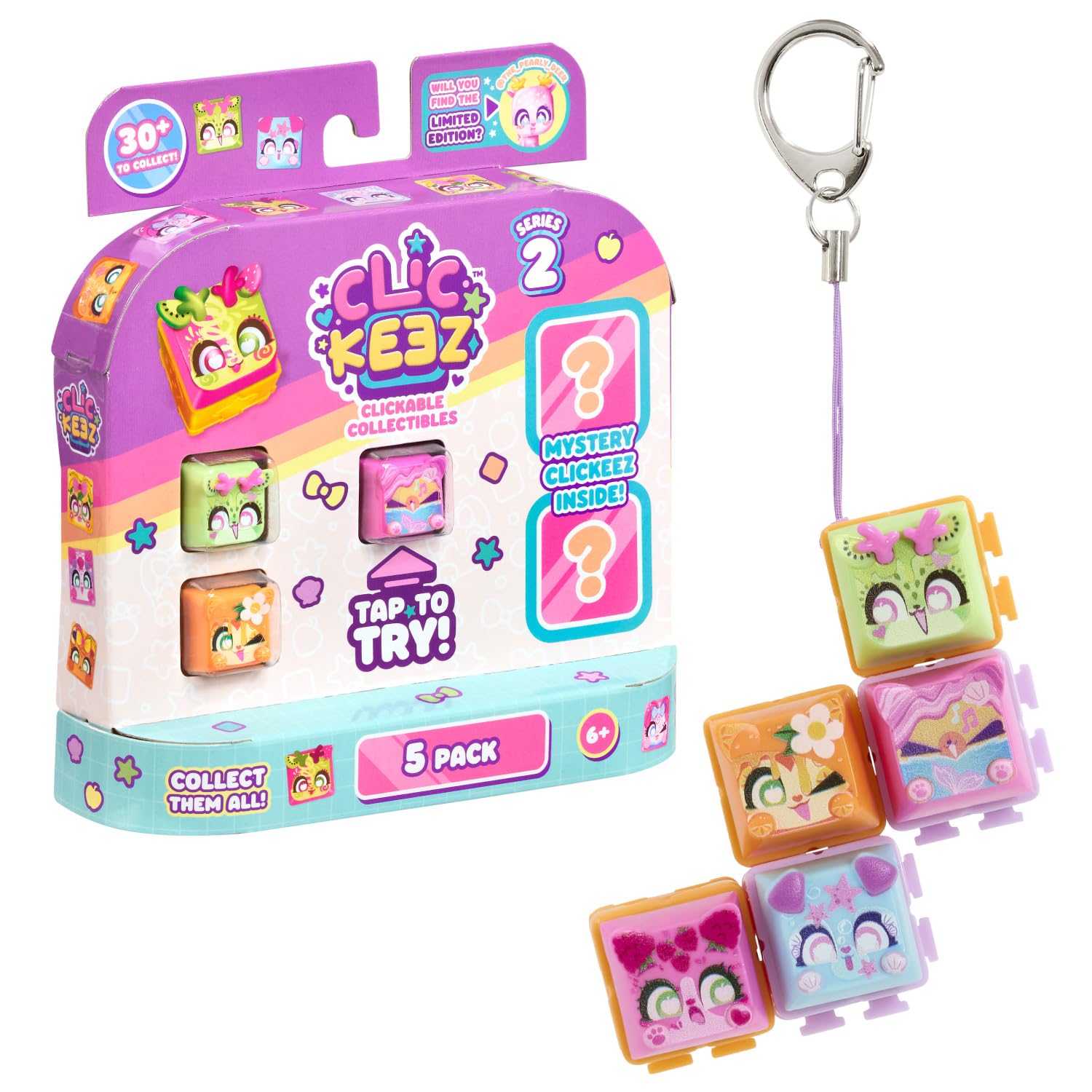 CLICKEEZ Multipack Serie 2 – 5 Mini Figure Kawaii da Cliccare – Keycap Trasformabile con Portachiavi – Fidget Toy Sensoriale con Effetto ASMR – Gioco Collezionabile – Da 6 Anni