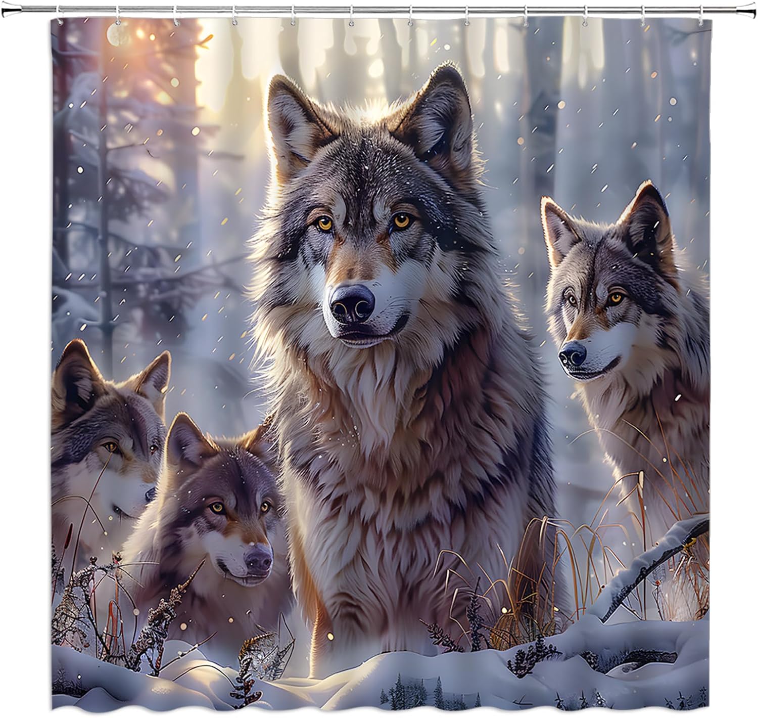 Wolf Shower Curtain Winter Forest Cabin Wild Animal Wolf Snowflake Nature Scenery 70" Wx96 H Bathroom Decor Curtain with Hooks