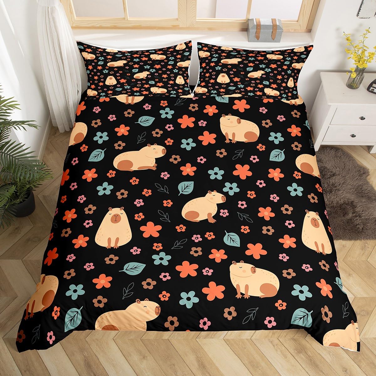 Homemissing Cute Capybara Comforter Cover Capybara Duvet Cover Floral Capybara Kawaii Animal for Kids Boys Girls Comforter Cover Brown Capybara Bedspread Cover Decor Durable Bedclothes Single