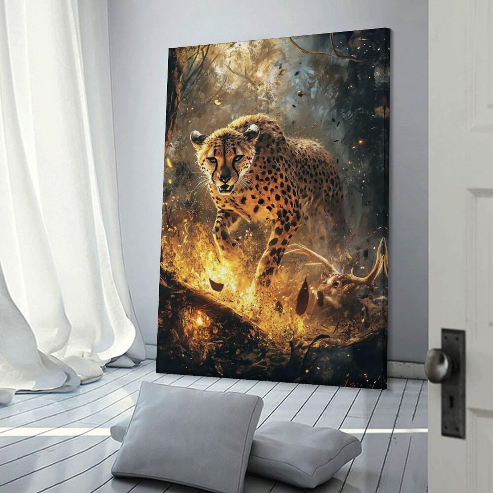 Junmoney Frame-Style-13 Cheetah In Flames Hanging Wall Art, 20X30inch(50X75cm), For Bedroom Decor, Cosy Corners Or Studios, An Easy Wall Refresh For Bedrooms