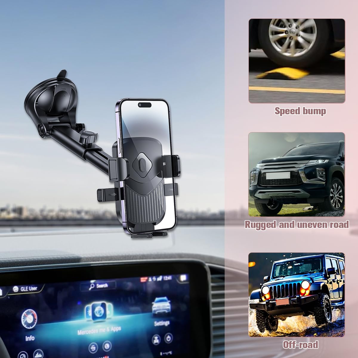 Kfz-Handyhalterung, Freisprecheinrichtung, starker Saugnapf, Windschutzscheiben-Handyhalterung mit Lüftungsschlitz-Haken, Auto-Innenraum, Armaturenbrett, Smartphone-Halterung, universell für