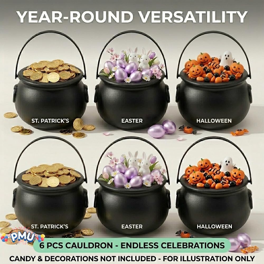 PMU 6 Pcs 8" Cauldron Easter Basket Black Plastic Cauldron Easter Decoration for Home and Party Decoration