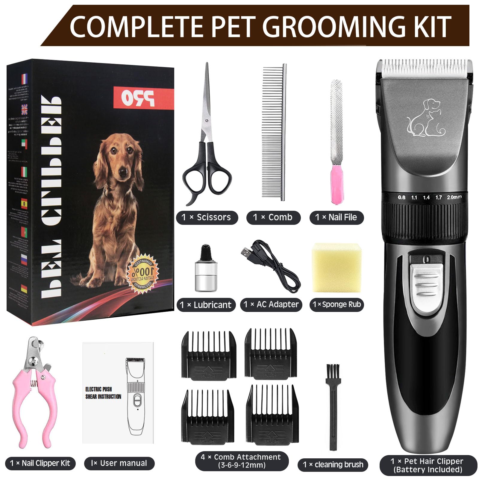 Esquiladora para perros, silenciosa, para perros y gatos, IPX7, resistente al agua, 2 horas de duración de la batería, con kit de cuidado de mascotas, para pelo grueso, largo y rizado