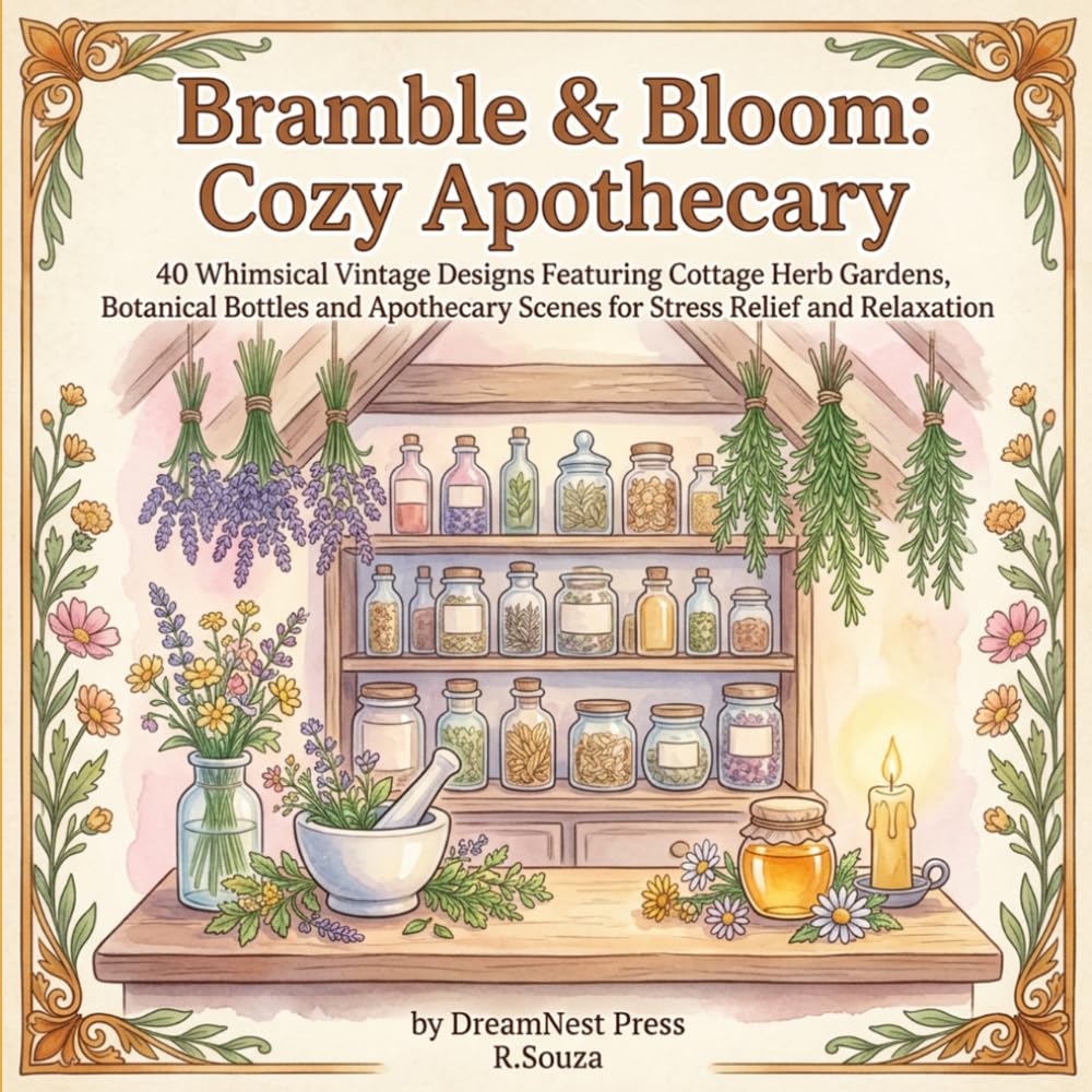 Bramble & Bloom: Cozy Apothecary Coloring Book for Adults: 40 Whimsical Vintage Designs Featuring Cottage Herb Gardens, Botanical Bottles and Apothecary Scenes for Stress Relief and Relaxation