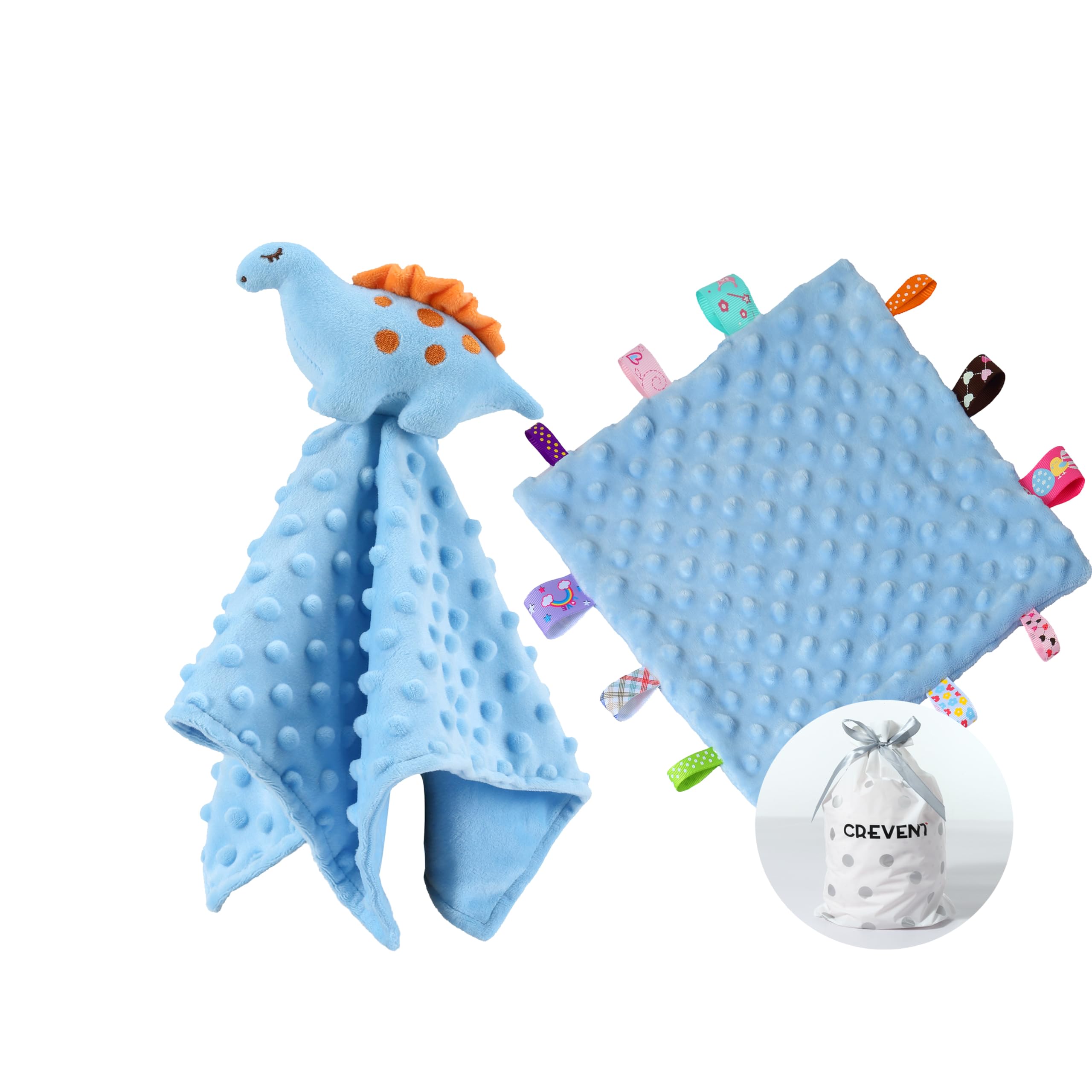 CREVENT Cozy Plush Baby Comforter Blanket Loveys for Baby Boys, Mink Dot Front + Fleece Backing with Animal Face (Blue Dinosaur + Tag)