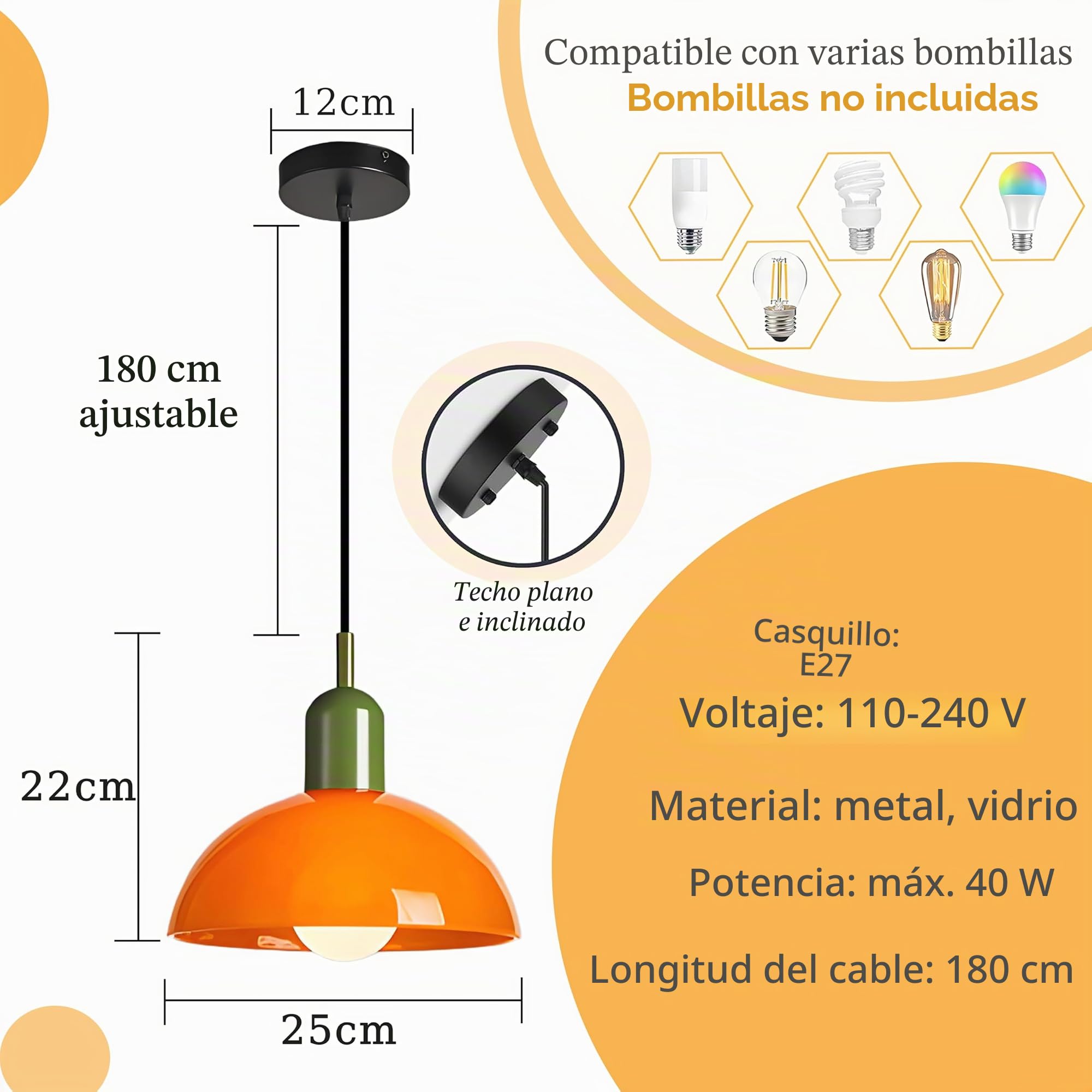 Lámpara Colgante Vintage de Vidrio en Cúpula con Portalámparas Metálico, Altura Ajustable, Lámpara de Techo Industrial E27 para Isla de Cocina, Comedor, Café y Loft (Naranja, 25cm)