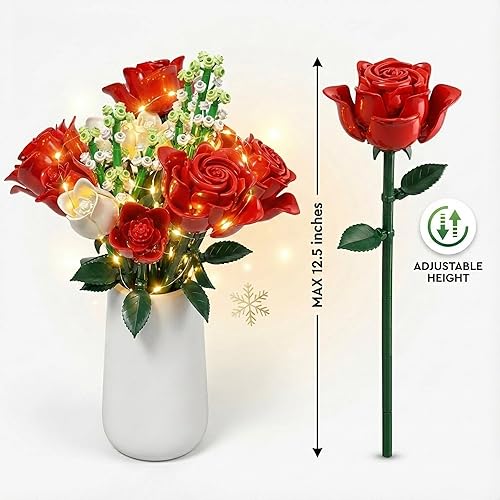 Miniatura 4 de WISEPLAY Juego de construcción de ramo de rosas – 697 piezas para mujeres, bloques de construcción de flores de rosas rojas y blancas, creativo para