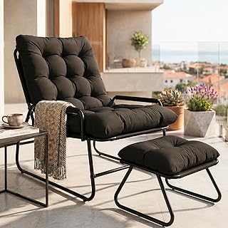 Loungesessel Outdoor, Gartenliege Liegestuhl Balkonsessel mit Hocker, Relaxsessel Garten, Auflage Abnehmbar, 5-Positionen Liegefunktion für Wohnzimmer,Terrasse, Studie, bis150kg (Schwarz)