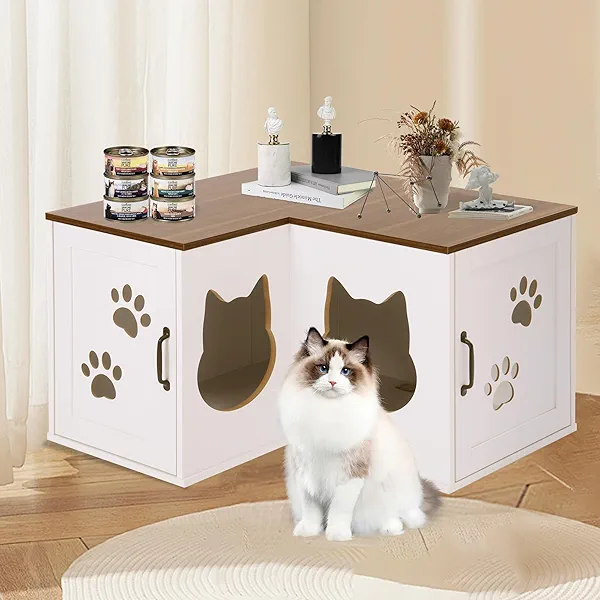 CHARMELEON Cat Litter Box Enclosure, Corner Litter Box Furniture Hidden, Large Wooden Cat Washroom with Condo, Double Kitty Litter Box Cabinet, Suitable for Two Cats,31.5"x29.3"x 20" White