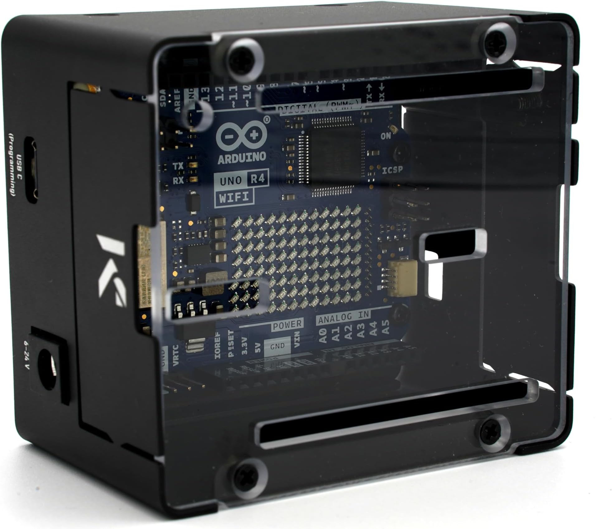 KKSB Project Case for Arduino UNO R4 | Compatible with UNO R4 Minima and UNO R4 WiFi | Space for Arduino Ethernet HAT | Transparent Cover | Durable Aluminium Case with Steel Base