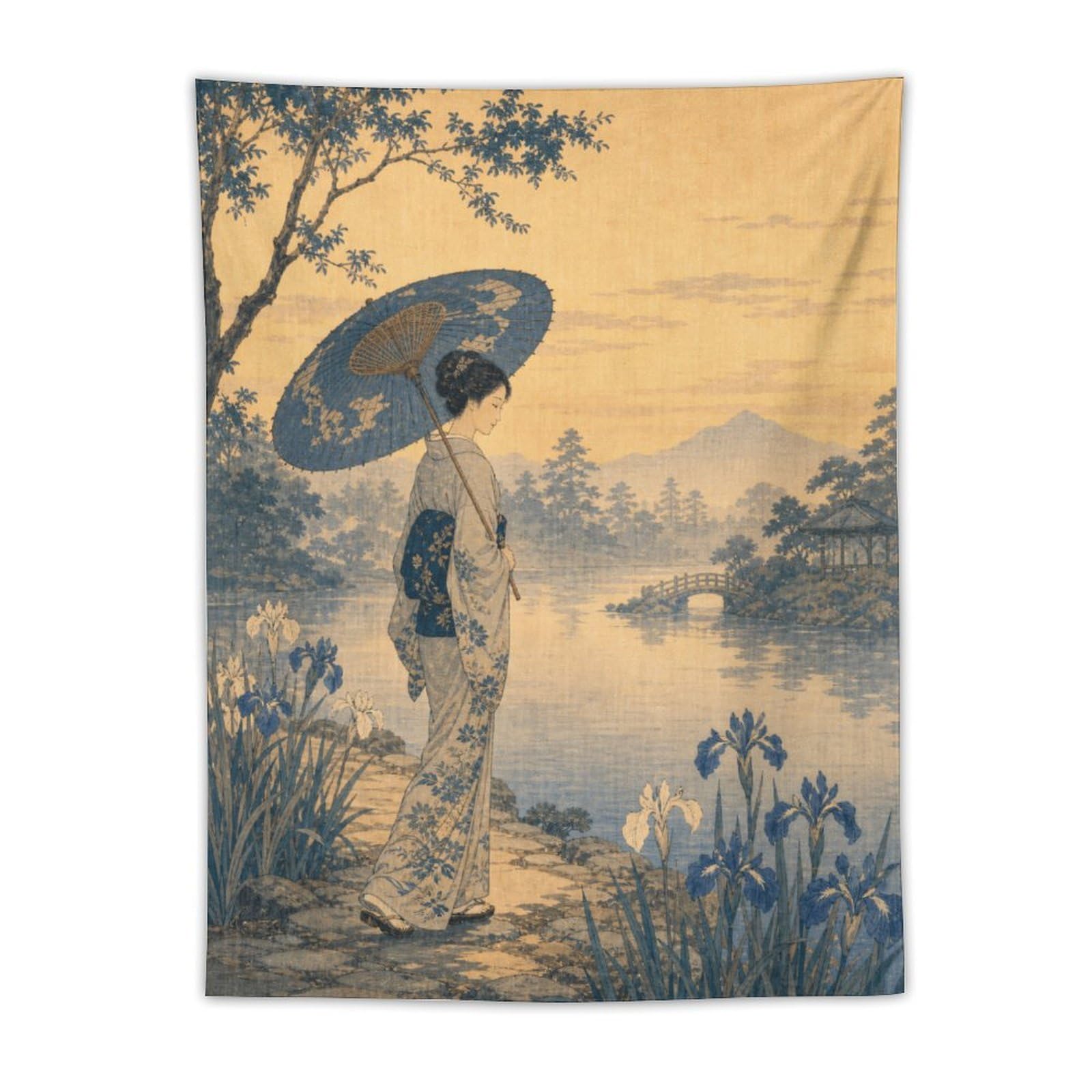 H3B8U2Y5 Woman with Parasol by Lake Wall Tapestry, Ukiyo-e, College Dorm
