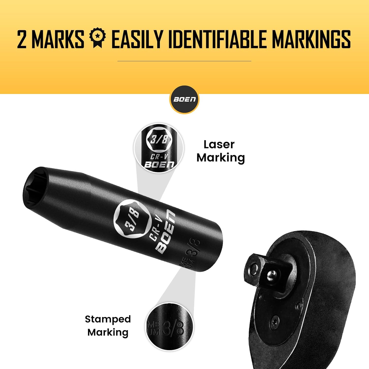 BOEN 3/8" Drive Deep Impact Sockets, Premium Impact Socket, 3/8" Socket, SAE, 6 Point,Cr-V Steel with Laser Marking - Strong and Durable