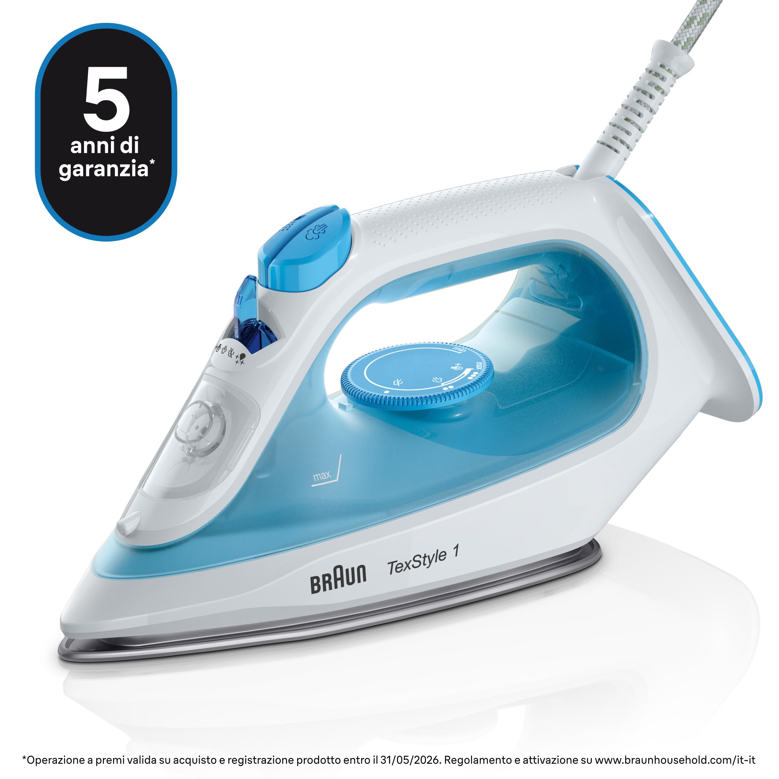 Braun TexStyle1 SI 1050BL Ferro da stiro a Vapore con 5 ANNI DI ASSISTENZA, Termostato, 25g/min in modalità Turbo, MODALITA' RISPARMIO ENERGETICO, Capacità Serbatoio 220ml, 2000W, Celeste