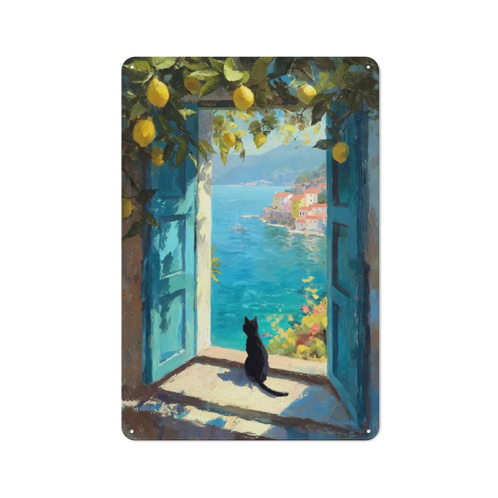 Junmoney Style-19 Workshop Style Black Cat Gazes At Mediterranean Coast Tin Sign 30X20cm, Workshop Wall Decor For Tool Room, Garage, Studio Or Home Bar