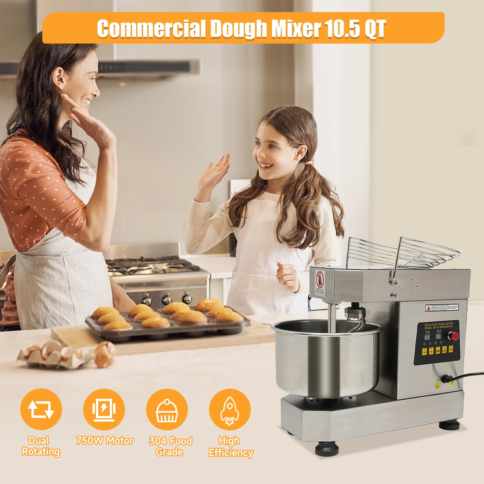 Commercial Food Mixer, 10.5Qt Capacity, 750W Dual Rotating Dough Kneading Machine with Food-grade Stainless Steel Bowl, Security Shield & Timer Included, Baking Equipment for Restaurant (Silver)