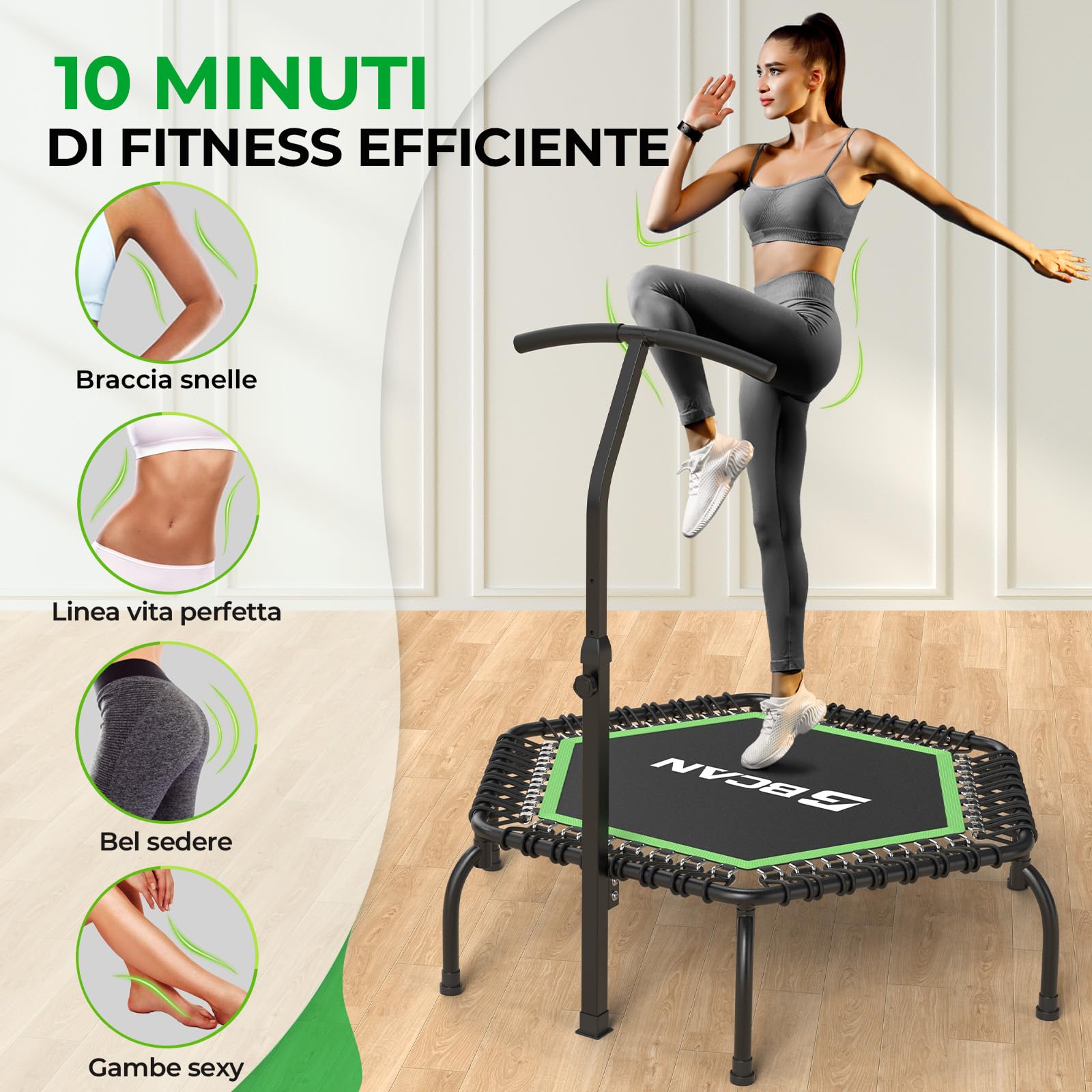 Trampolino da interno BCAN Fitness, diametro Ø 102/122/130 cm, mini trampolino elastico/a molla, adatto per adulti fino a 204/250 kg, con maniglie regolabili, silenzioso e a basse vibrazioni