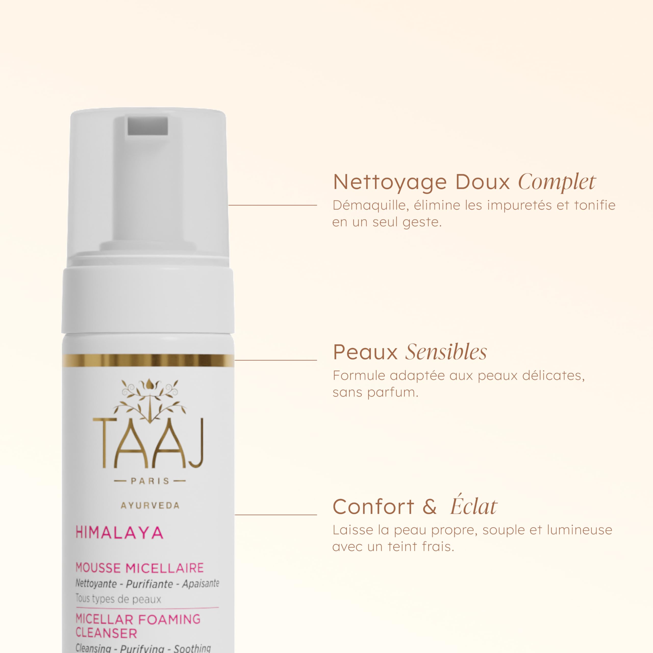 TAAJ | Mousse Micellaire - HIMALAYA | Nettoie, Démaquille & Élimine les impuretés | Peau Propre, Douce & Souple | Propriétés Apaisantes | Teint Frais & Lumineux | Végan & Cruelty Free | 150 ml