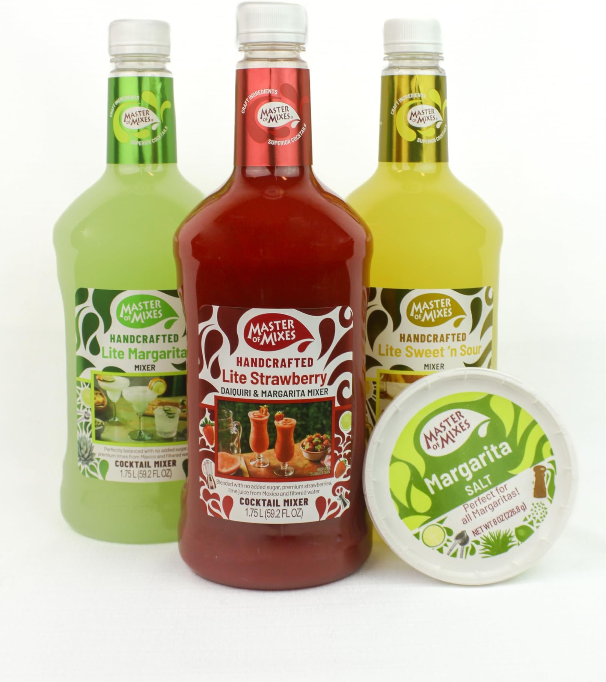 Master of Mixes Margarita/Daiquiri Lite Drink Mixes Variety, Ready to Use, 1.75 Liter Bottles (59.2 Fl Oz), Pack of 3 Flavors + Margarita Salt