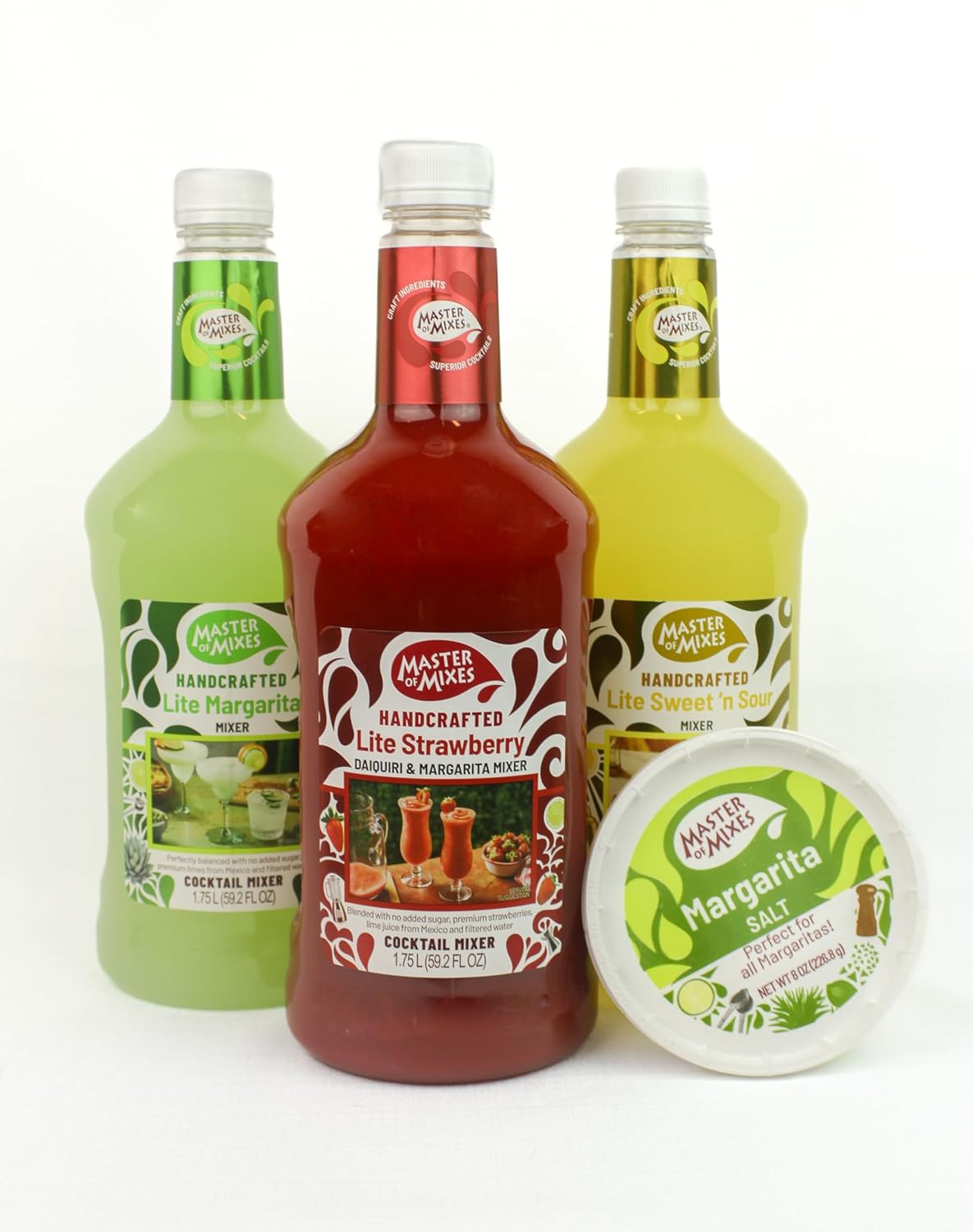 Master of Mixes Margarita/Daiquiri Lite Drink Mixes Variety, Ready to Use, 1.75 Liter Bottles (59.2 Fl Oz), Pack of 3 Flavors + Margarita Salt