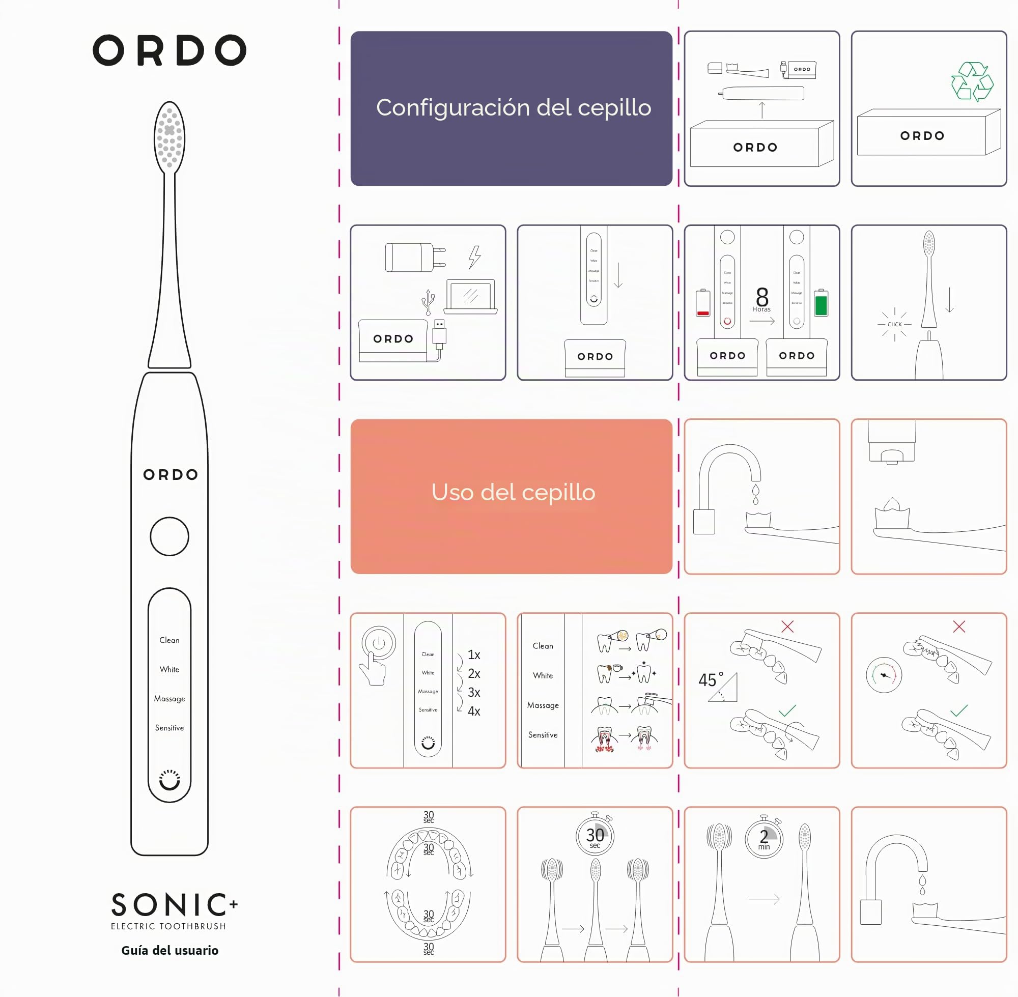 Ordo Sonic+ Cepillo de dientes eléctrico con funda, cepillos de dientes eléctricos para adultos, estuche de viaje de carga, 4 modos de cepillado, batería recargable rápida, pulido de silicona,