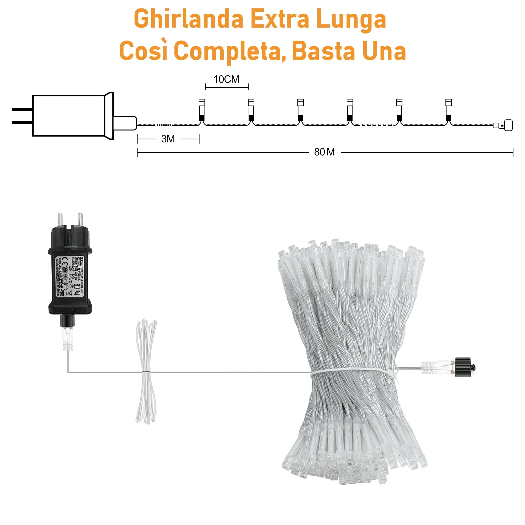 HeiPard Catena Luminosa Esterno Interno 80M, Luci Albero Natale Esterno | 800 LED Bianco Caldo Impermeabile Lucine da Esterno Giardino con 8 Modalità e Memoria per Balcone, Casa, Festa, Nozze