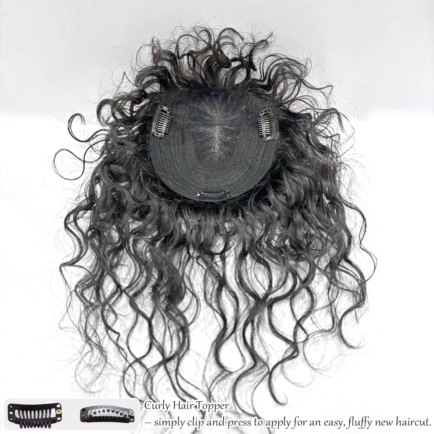10" Curly Human Hair Toppers for Women Short Topper Hair Pieces 5.1"x5.5" Handmade Swiss Base Clip in Top Hairpieces with Curly Bangs for Adding Volume Natural Black