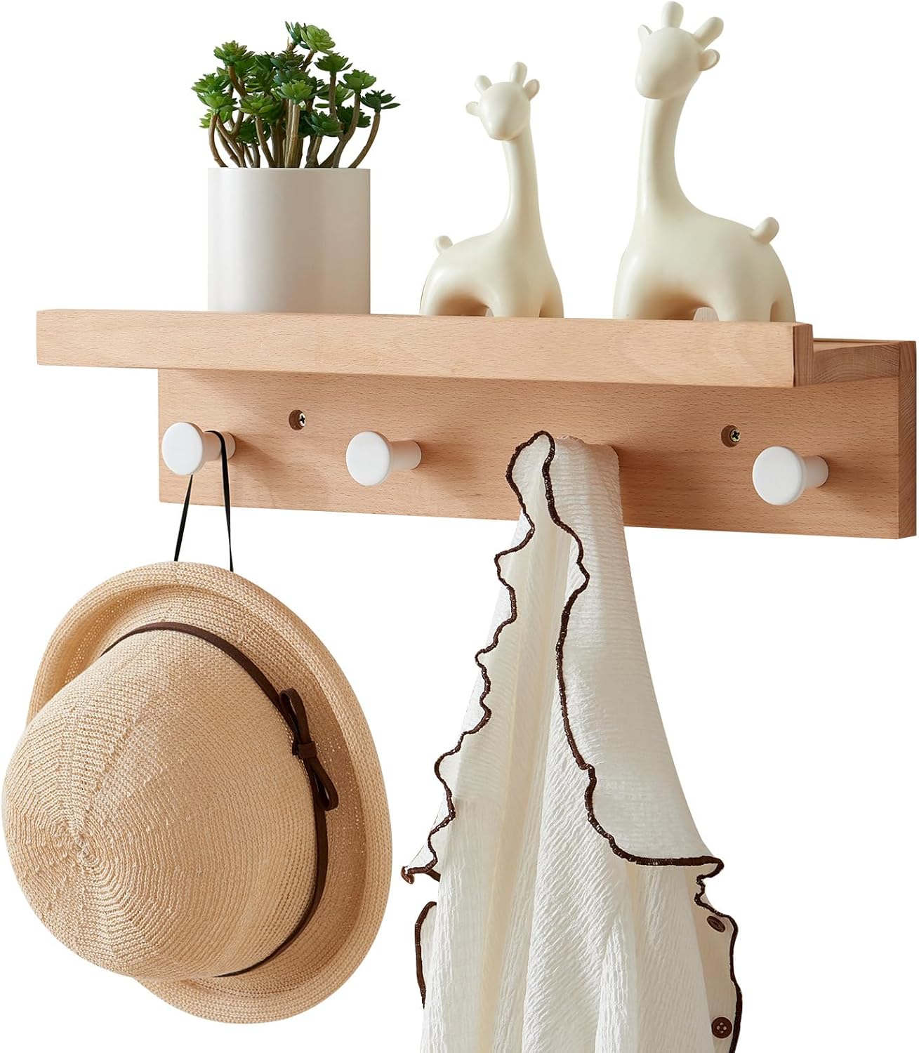 Wall Hooks with Shelf 24 inch, Beech Wood Entryway Wall with 5 Hooks, Floating Shelf Coat Rack for Bathroom, Living Room, Bedroom (24inch)