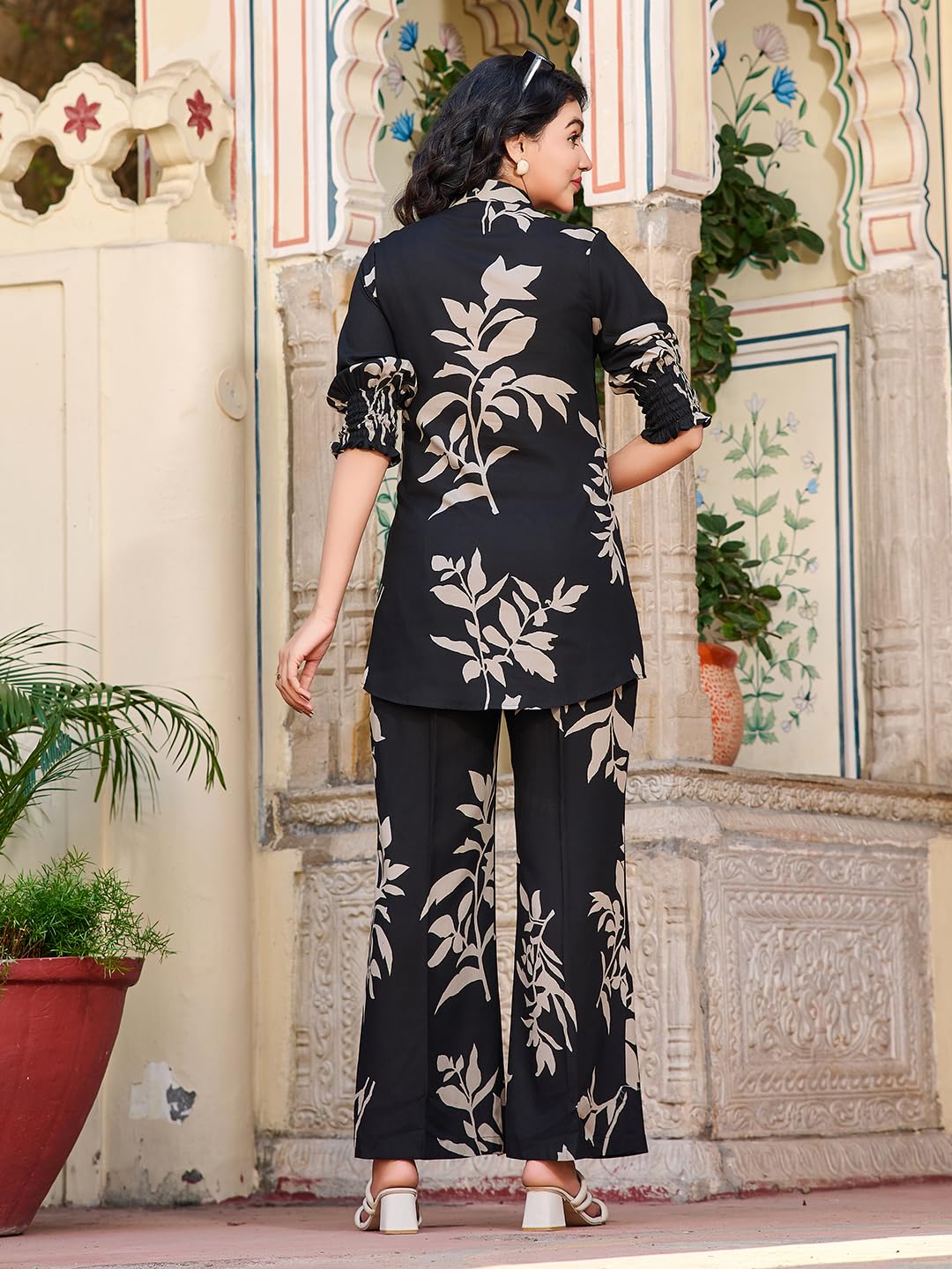 VIBE VISION 2-Piece Women's Co-ords Set - Viscose Rayon Shirt Collar 3/4 Sleeve Regular Fit Casual Shirt & Trousers Printed Design (BLACK, L) 1
