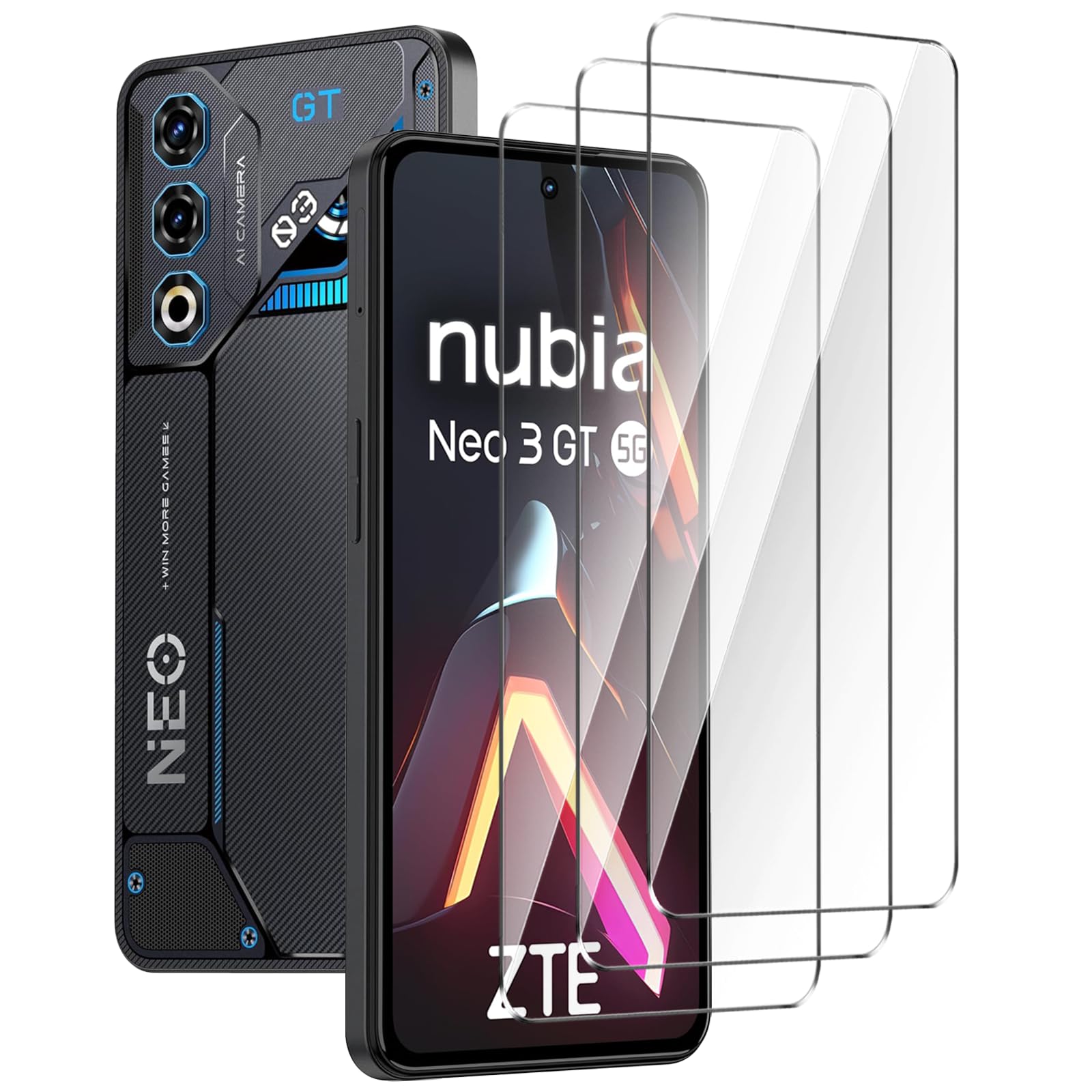 HuiYouMY Displaybeschermfolie voor ZTE Nubia Neo 3 5G, volledige afdekking, gehard glasfolie, krasbestendig, anti-vingerafdruk, digitaal, hardheidsgraad 9H, dikte 0,3 mm, 3 stuks