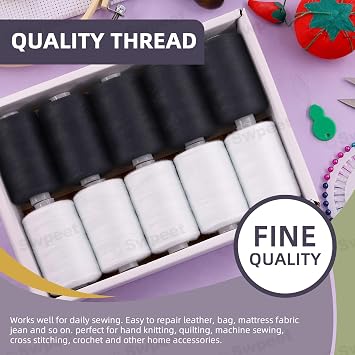 Swpeet 10Pcs 1000 Yards Black White 2 Colors All Purpose Threads with Sewing Needles Kit, Handy Polyester Sewing Threads Embroidery Thread, Hand Sewing Needle Threaders Set for Crafters Lovers