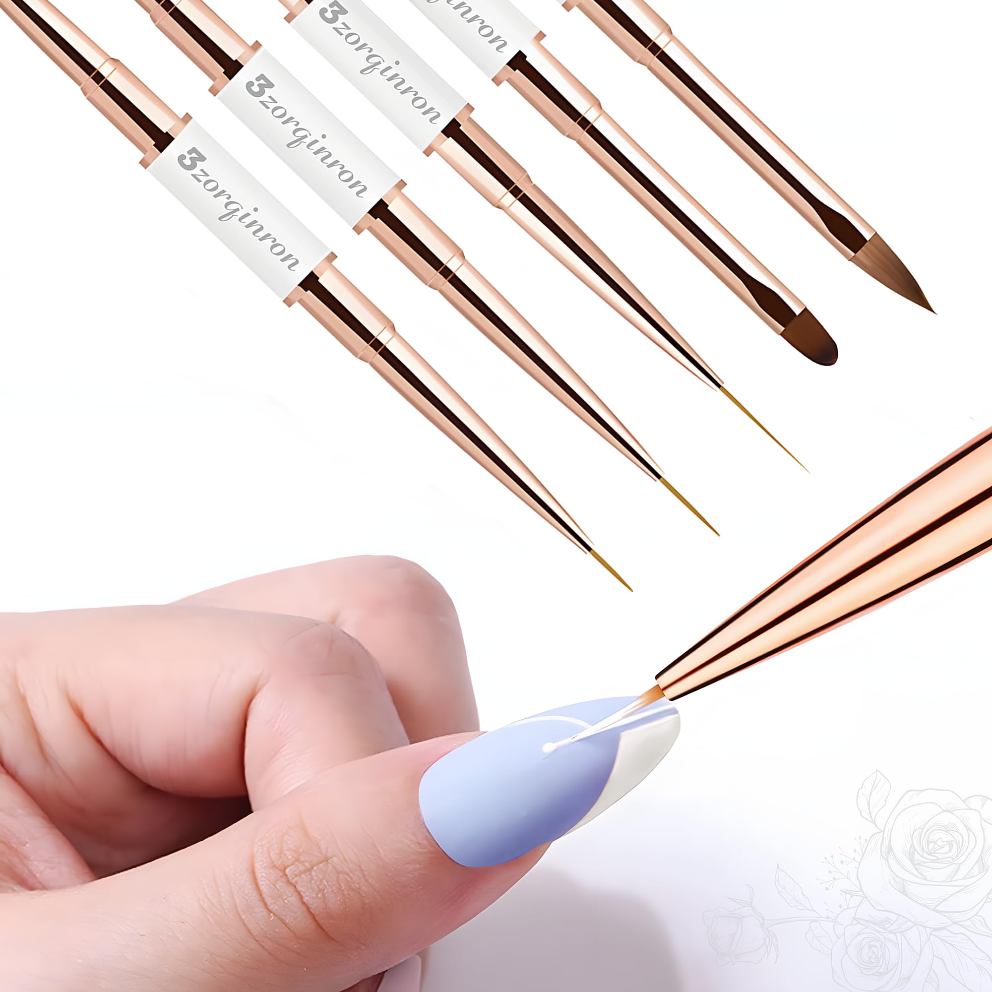 Pinceles para arte de uñas, juego profesional de 5 pinceles acrílicos de doble punta para detalles, líneas largas, diseño degradado y 3D, perfecto para manicura y salones de belleza (blanco)