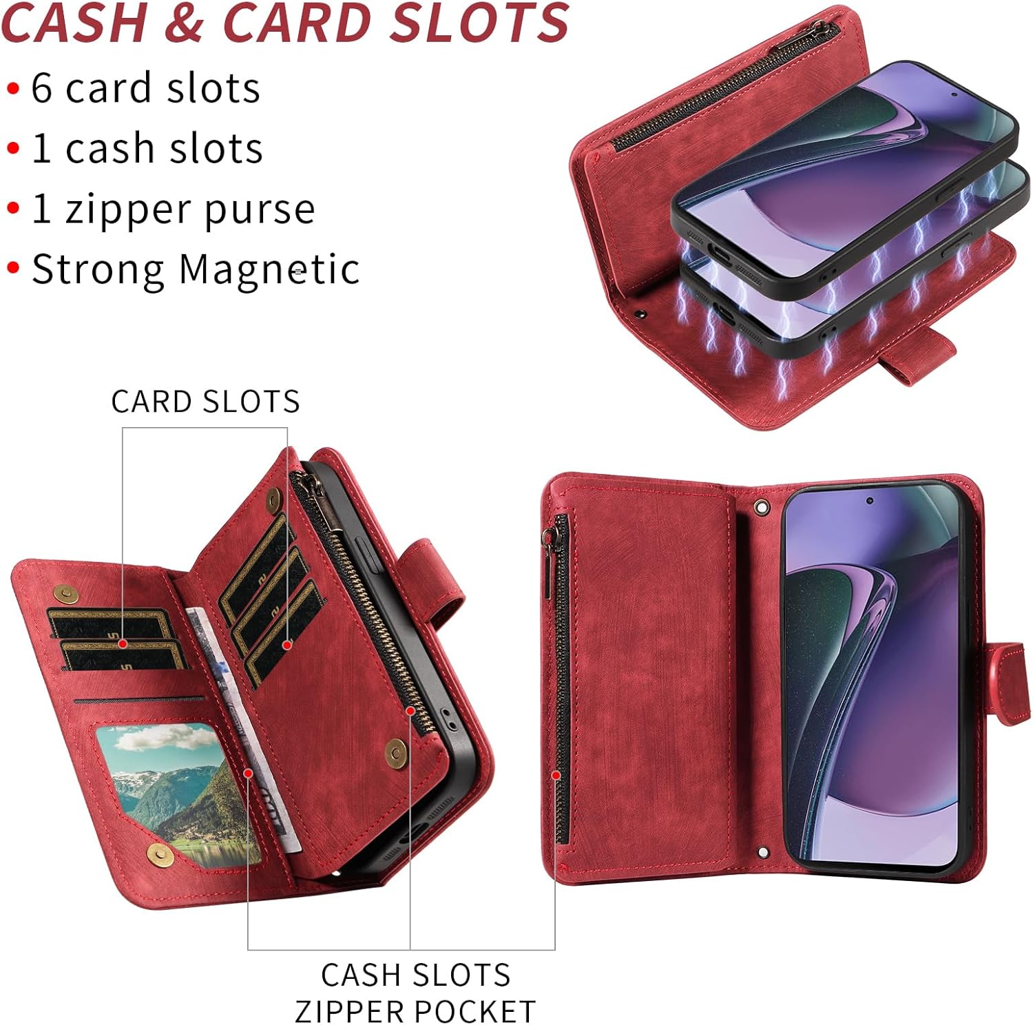 Asuwish Phone Case for Motorola Moto G Stylus 5G 2023 Zipper Wallet Detachable Magnetic Cover with Tempered Glass Screen Protector Crossbody Lanyard Card Holder GStylus G5 XT2317DL XT2315-5 Girls Red