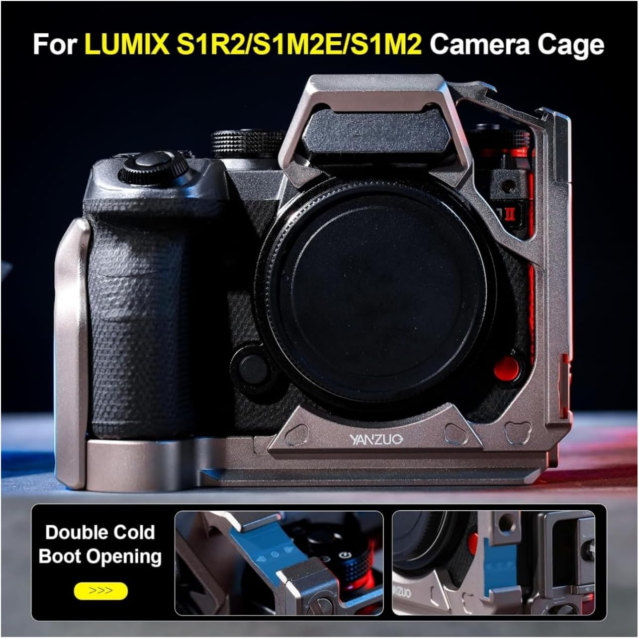 Aluminum Camera Cage for Panasonic LUMIX S1RII/S1M2/S1M2E Cameras, with HDMI Cable Clip for Film Production (Titanium)