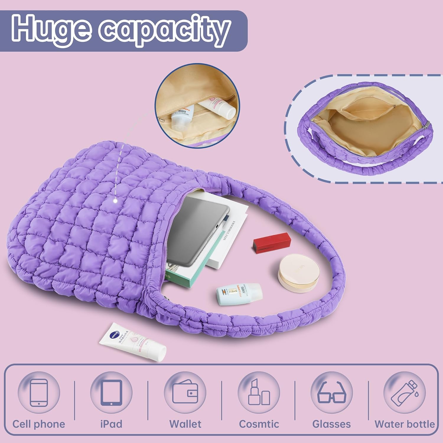 Quilted Tote Bag for Women, Puffer Shoulder Hobo Purse Crossbody Bag Lightweight Padding Handbag