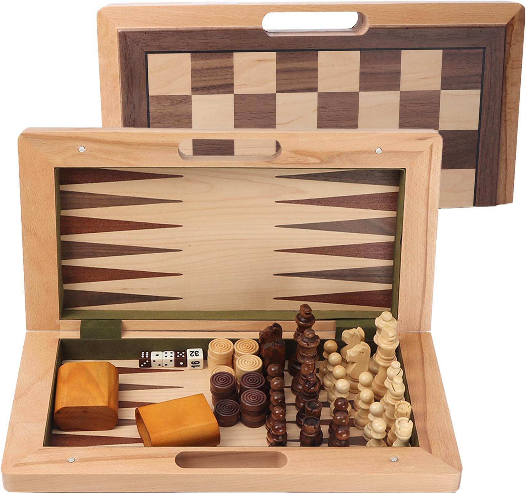 GSE Games & Sports Expert 16" Deluxe 3-in-1 Wooden Folding Chess, Checker & Backgammon Board Game Combo Set, Portable Travel Game Set for Kids & Adults