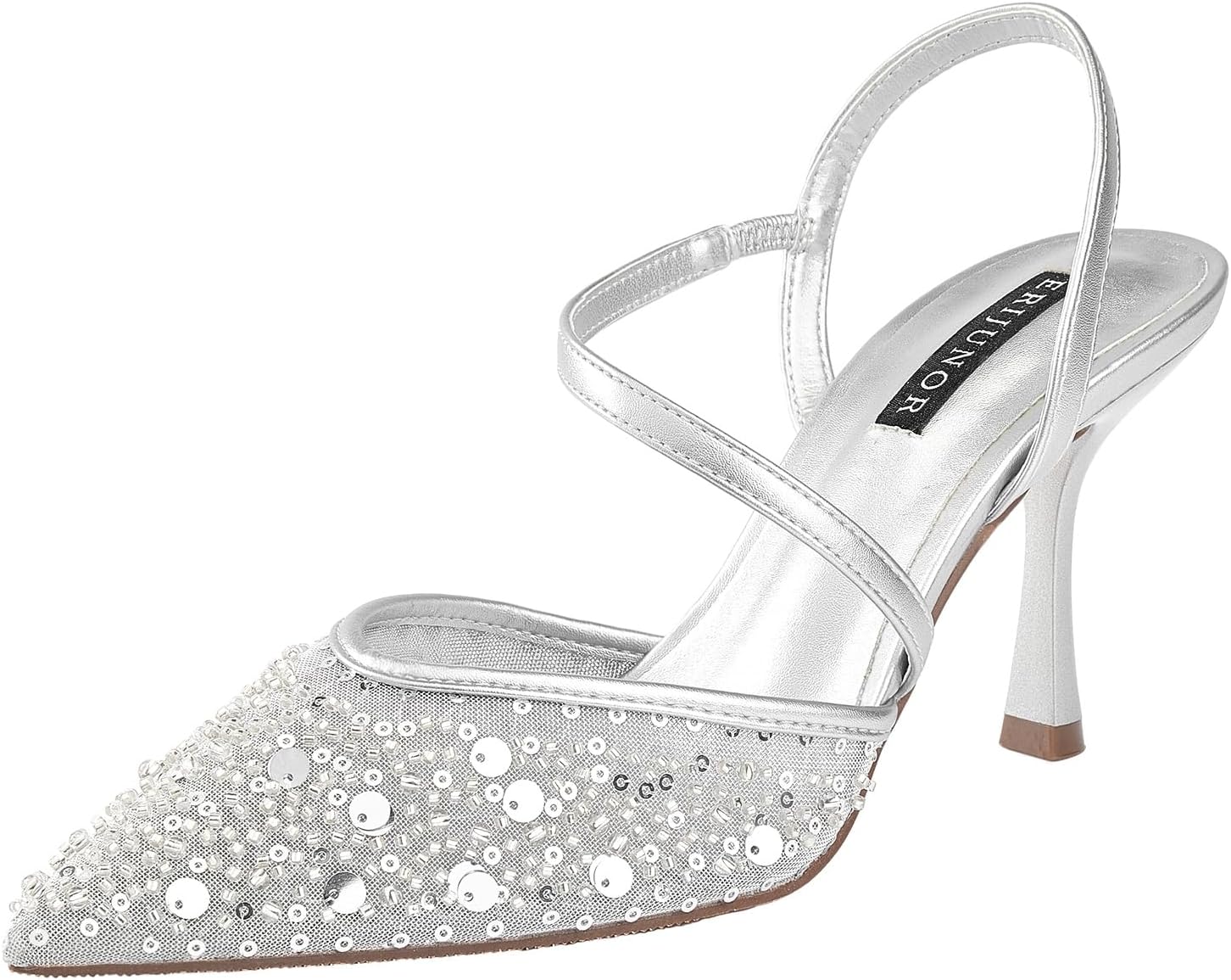 ERIJUNOR Slingback Wedding Party Shoes for Women Bridal Lace Mesh Kitten Heels Pointed Toe Pearl Beading Pumps Dress Shoes