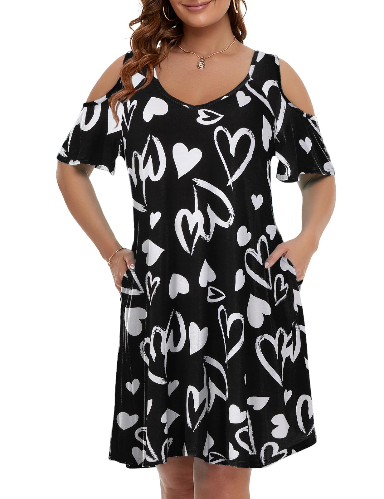 JollieLovin Womens Plus Size Short Sleeve Cold Shoulder V Neck T-Shirt Dress with Pockets