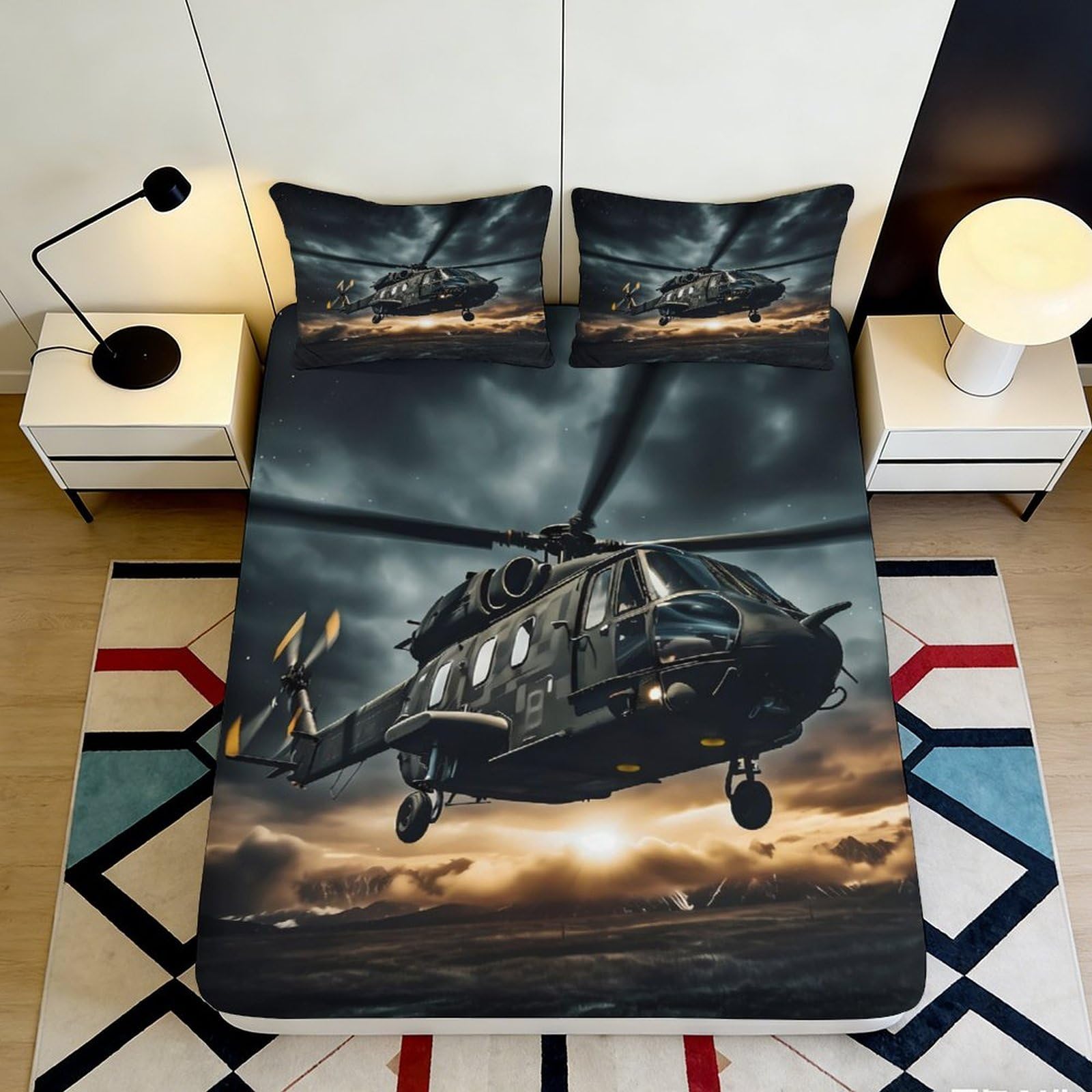 3D Printed Helicopter Sunset Fitted Sheet Microfiber Black Grey Aircraft Mattress Cover Anti-Slip Machine Washable for Bedroom Guest Room 90x200x25cm