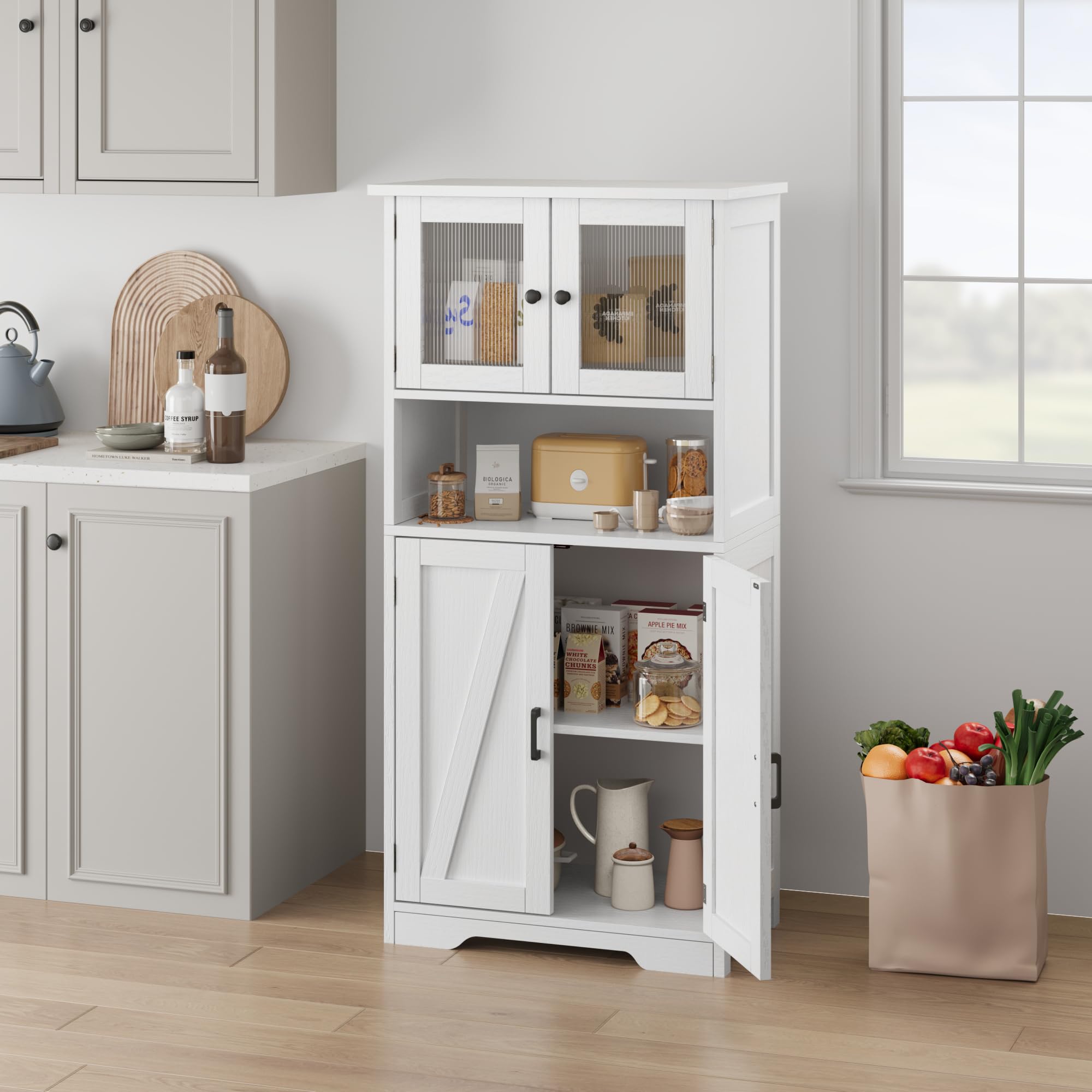 Zstar 50.4" Gabinete De Almacenamiento Grande De MDF con 4 Puertas y 1 Compartimento Abierto, 2 Puertas De Vidrio, Estantes Ajustables para Cocina, Dormitorio, Sala o Pasillos, Blanco.