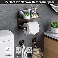 Vista 7 de Tindbea Toilet Paper Holder with Phone Shelf + Towel Robe Hooks, Adhesive or Screw Wall Mounted Toilet Paper Roll Storage, Stainless Steel Bathroom
