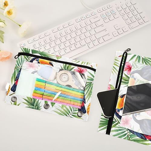 Miniatura 4 de Kcldeci Paquete de 2 bolsas para lápices para carpeta de 3 anillos, carpeta de hojas tropicales de hibisco de piña de Tucán, estuche para lápices,