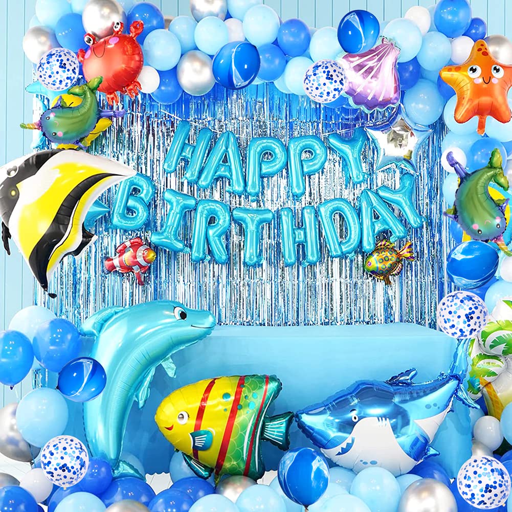 YinQin176 PCS Ocean Birthday Party Decorations with Balloon Pump, Ribbon Dot Glue Under the Sea Party Balloons Baby Shark Birthday Decorations Happy Birthday Party Supplies for Kid, Blue