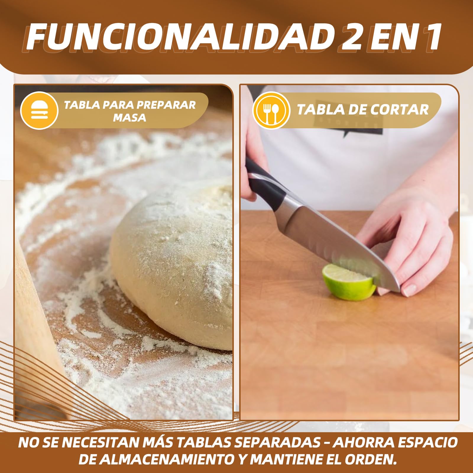 Tabla de madera para repostería 70x50 cm, tabla para amasar, tabla de cortar y tabla de servir – Ideal para estirar masa, cortar y servir. Gran superficie para pan, bollería y aperitivos.