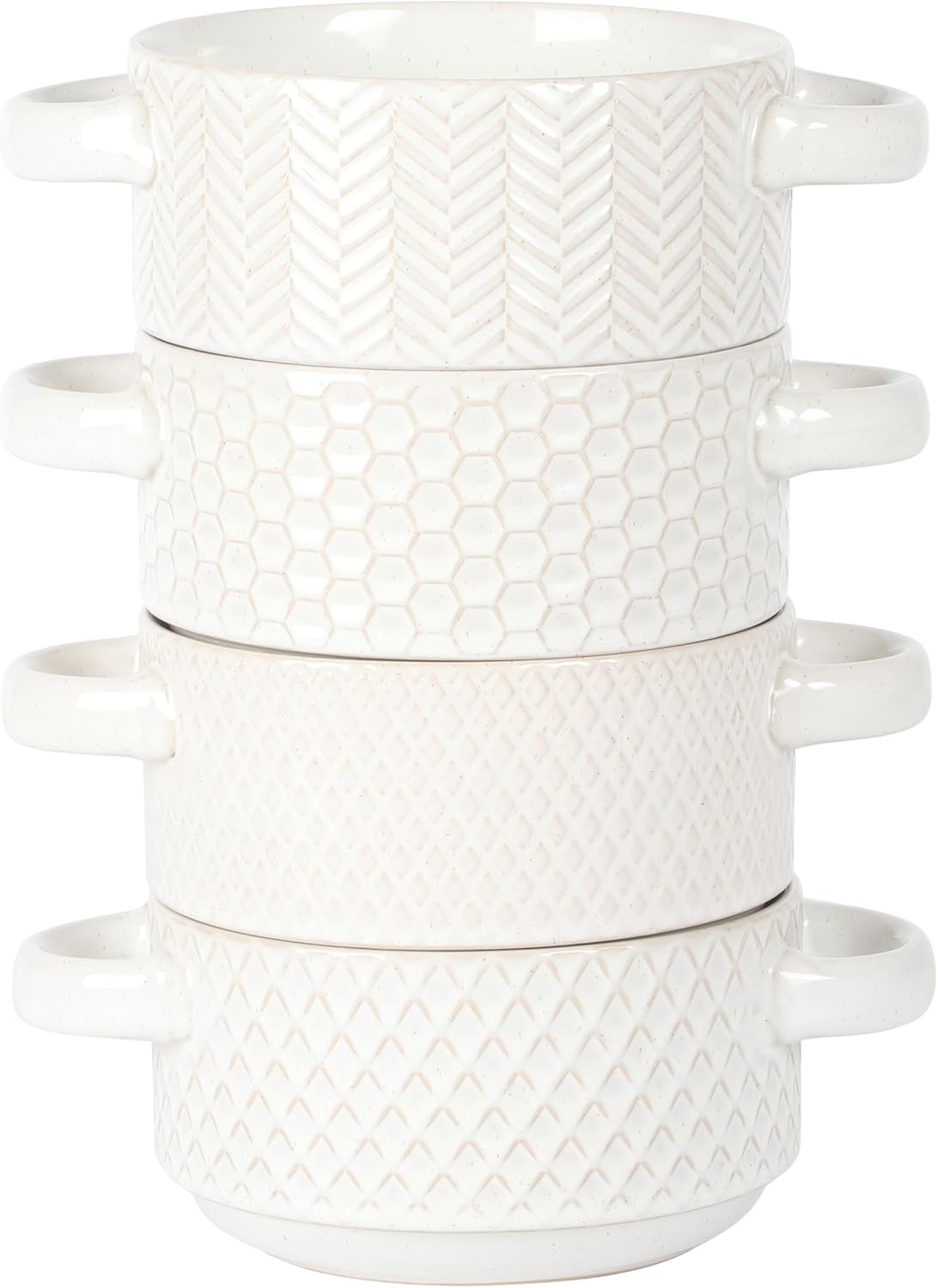 Gibson Elite Oyster Tide Embossed 6 Inch Soup Bowls with Handles. French Onion Soup Crocks, Stackable Soup Bowl, Chili, Beef Stew Reactive Glaze Stackable Ceramic Bowl, Set of 4, White