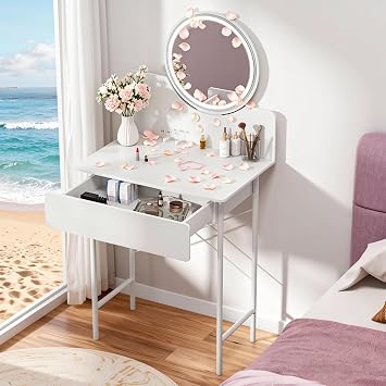 Makeup Vanity Desk with LED Lighted Mirror, Vanity Table with 1 Drawer and 2 Opening Shelves, Bedroom Dressing Table, 3 Modes Brightness Adjustable,White White