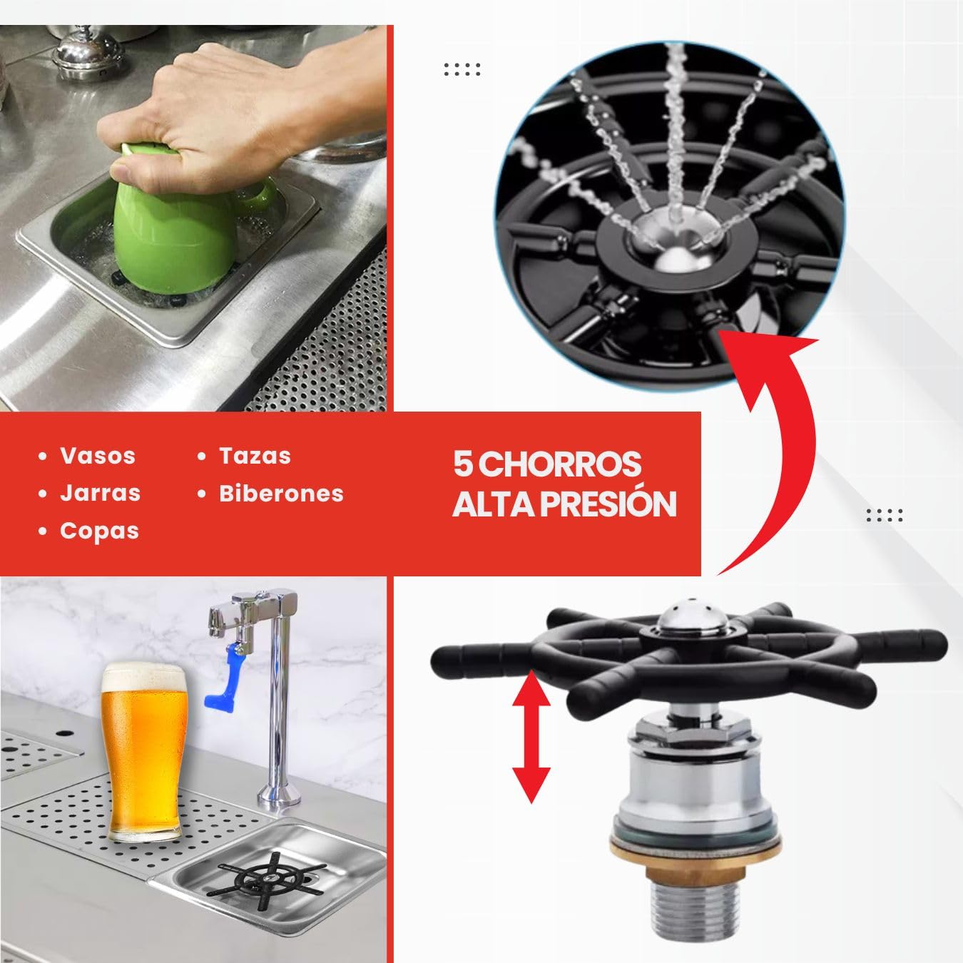 GOLDMAN SERVICE | Enjuagador de Vidrio Automático de Alta Presión para Fregadero Cocina - Limpiador de Vidrio Profesional con Vasija Cuadrada Acero Inoxidable | Medidas: 17 x 16 cm