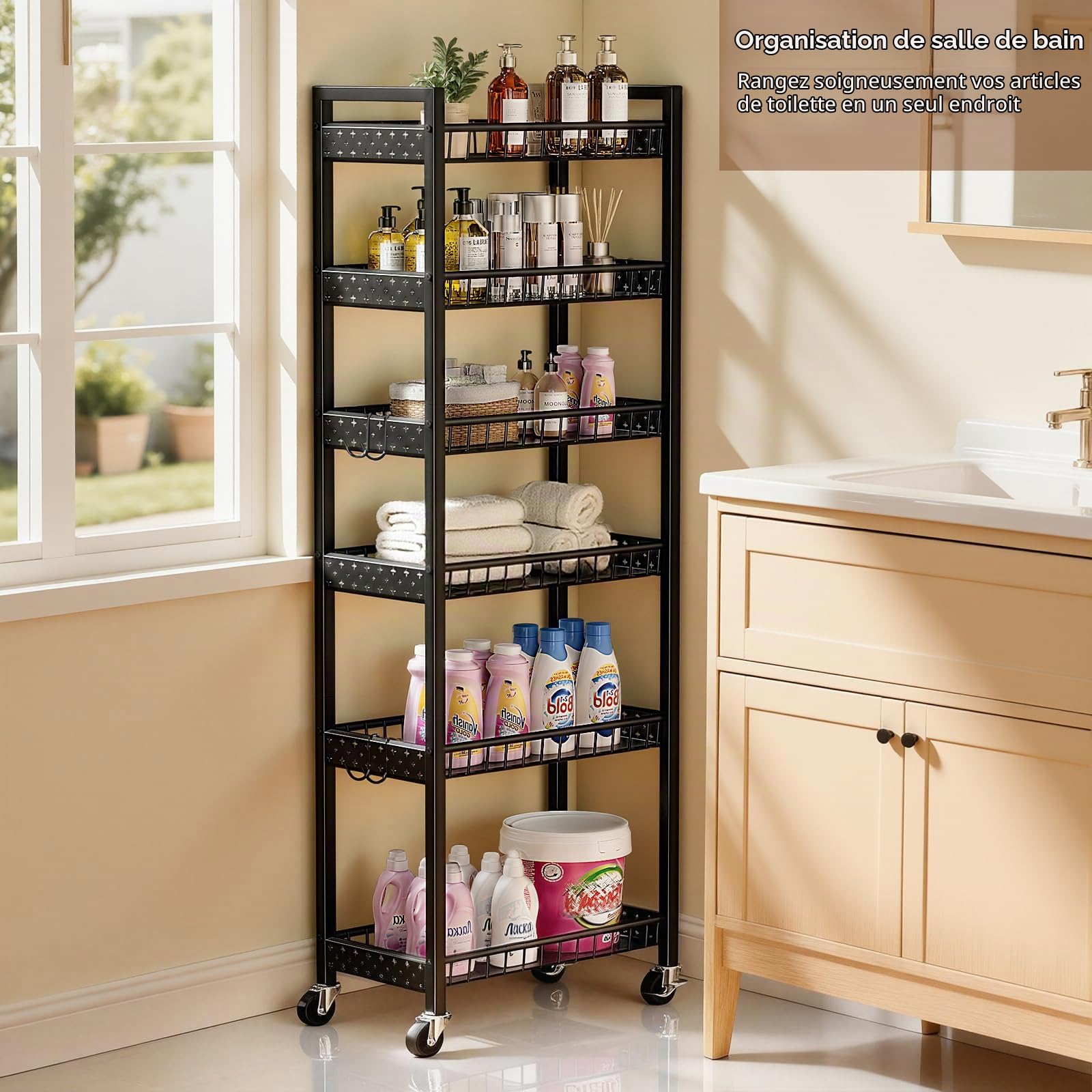 Chariot de Rangement Étroit, Chariot à roulettes à 6 Niveaux, Étagère Utilitaire Mobiles Étroite pour Cuisine, Salle de Bain, Buanderie, Salon, Espaces Étroits, 9,84 Pouces ((L)