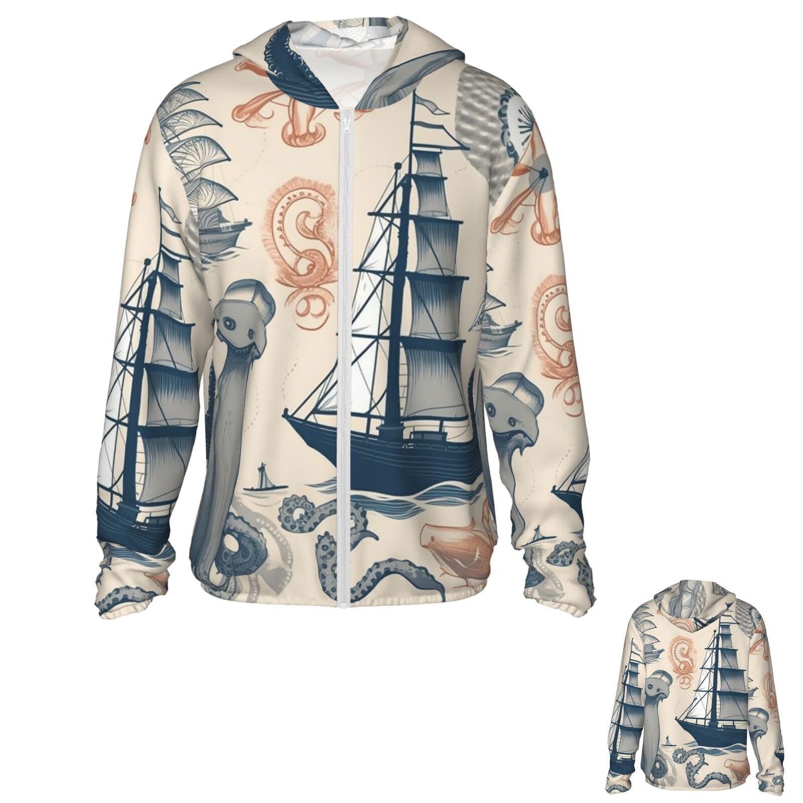 NONHAI Men's Sun Protection Jacket UPF 50+ Full Zipper Long Sleeve UV Hoodie Shirt Lighthouse Sailboat Fish Women's Outdoor Jacket Black